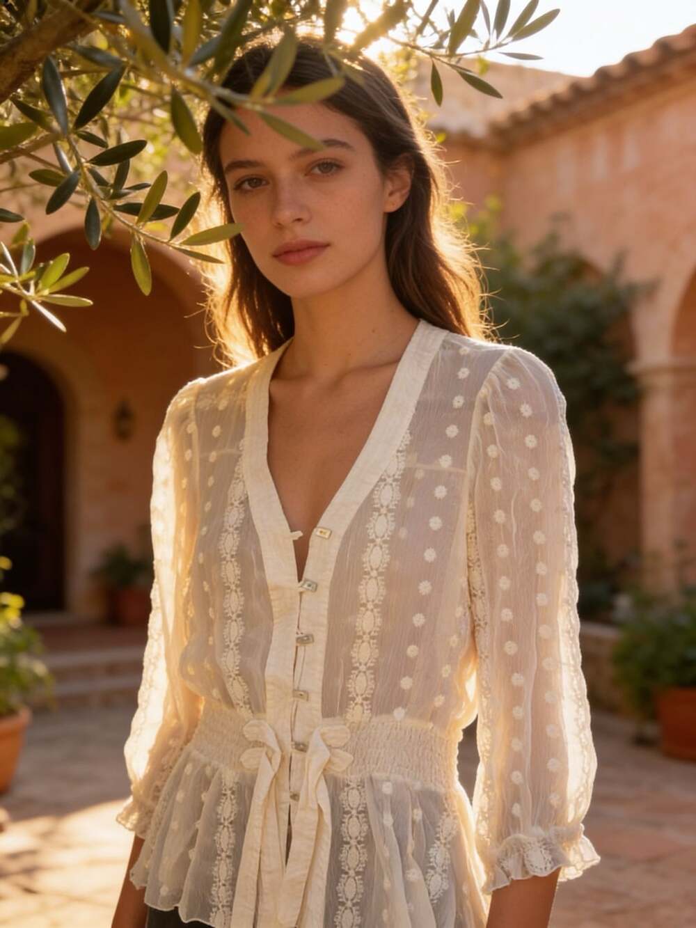 1060 Sherman Blouse Size S White Silk Swiss Dot Embroidered